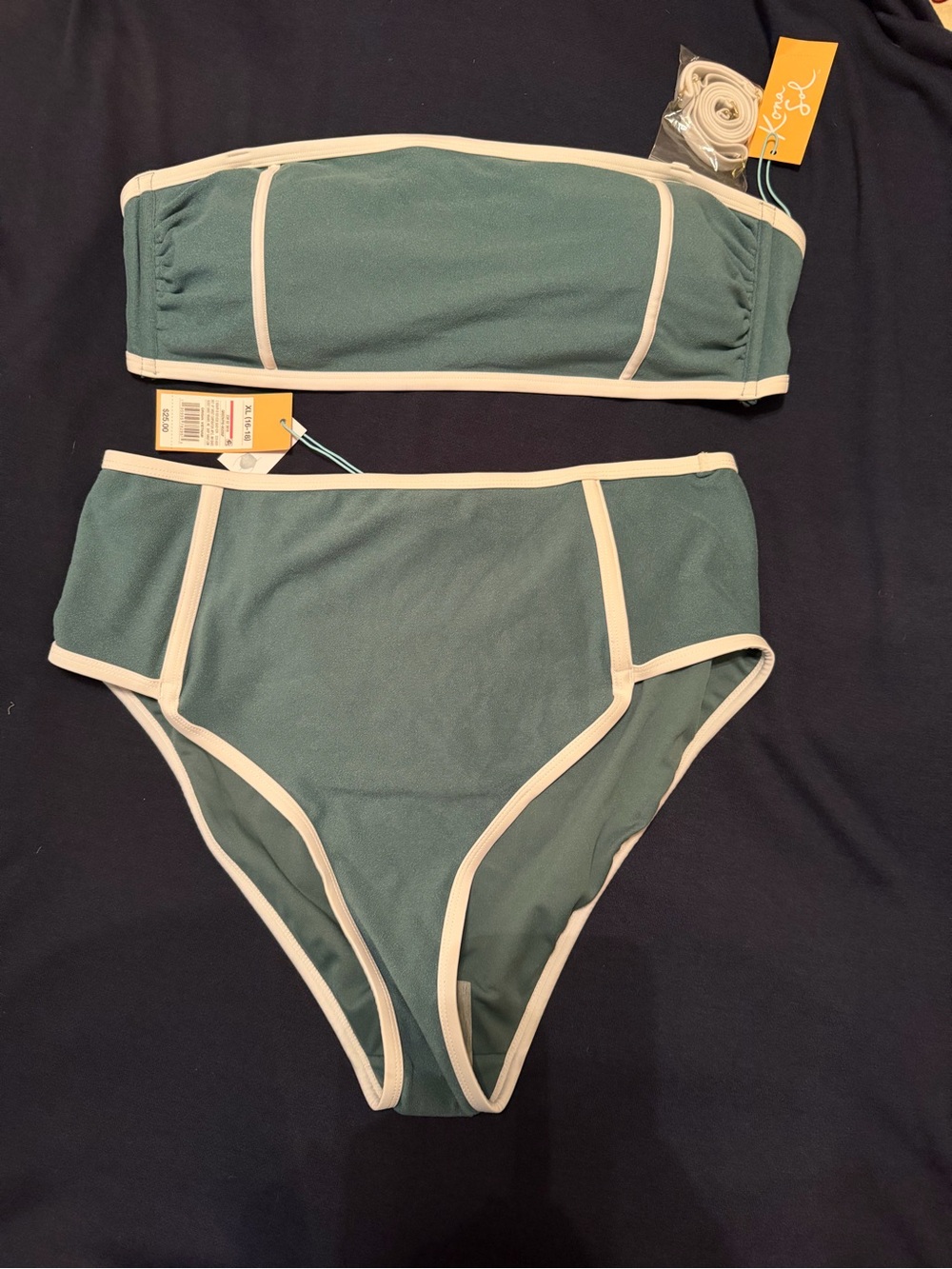 Kona Sol Teal High-Waist Bandeau Bikini with White Trim